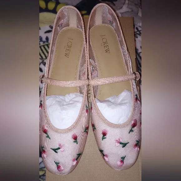 NWT J. Crew Mesh Embroidered Mary Jane Flats Blush 9 - Picture 3 of 8